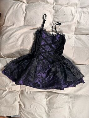 Lip Service Purple Gothic Lace Corset Mini Dress Retro Y2K Grunge Large Babydoll